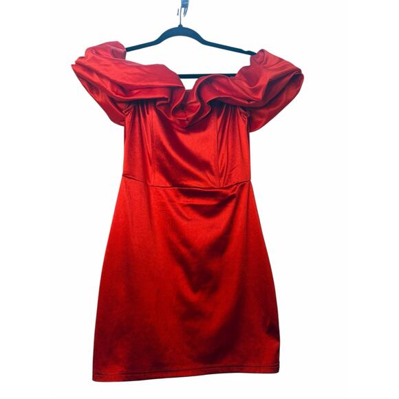 Off Shoulder Red Satin Mini Dress - Size M - Picture 10 of 12